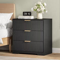 Qwatto Black 3 Drawer Nightstand Fluted Wood Bedside Table Modern Storage Cabinet Wide Bedroom Dresser Accent Furniture Large 27 Inch Chest Organizer