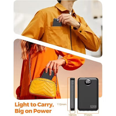 10,000mAh power bank supporting 1.5-hour fast charging; suitable for home backup, outdoor emergencies, and camping.