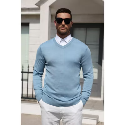 COOFANDY Men's V Neck Wool Blend Knit Long Sleeve Pullover Sweater Black S