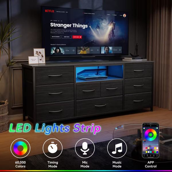 Qwatto 55'' Black TV Stand Dresser 9 Drawers With Charging Station LED Media Console For TVs Up To 65 Inch Bedroom Storage Chest Wood Entertainment