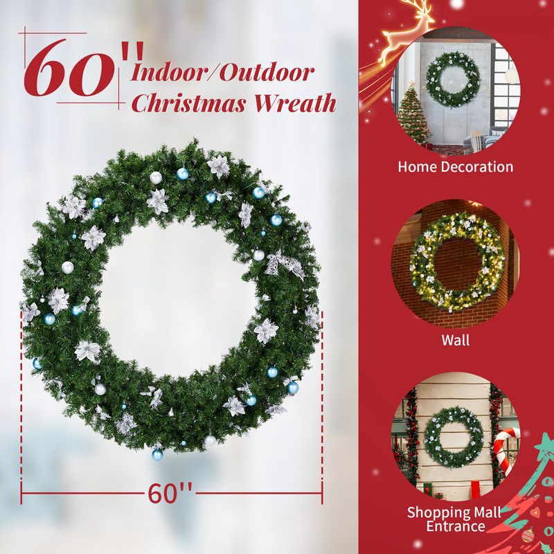 Karl Home Lighted PVC Christmas Wreath with Blue and Sliver Ornaments