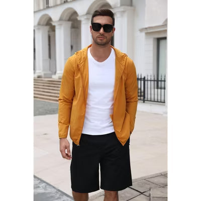 COOFANDY Men's Lightweight Windbreaker Jacket Hooded Colorblock Outdoor Rain Shell-Light Grey-S