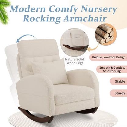 Karl Home Teddy Boucle Nursery Rocking Chair Modern Comfy Upholstered Rocker Armchair with Side Pocket for Living Room Bedroom Beige
