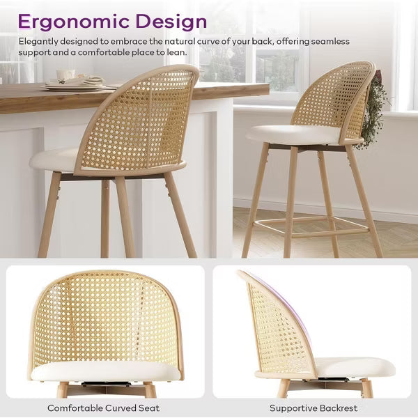 TYBOATLE 26" Swivel Rattan Bar Stools Set of 2, Modern Mid-Century High Bar Chairs with Faux Leather Cushion/Metal Legs for Kitchen Counter, White