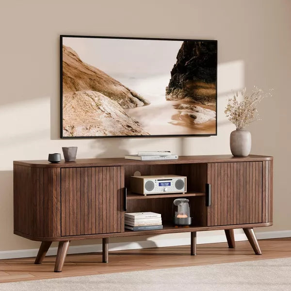 Qwatto Curved Edge TV Stand Walnut Finish Media Console for 65 Inch TV Modern Fluted Door Credenza with Storage Mid Century Living Room Furniture