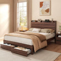 Qwatto Mid Century Modern Walnut Queen Platform Bed Frame with Storage Wood Headboard 2 Drawers Charging Station USB and Type-C No Box Spring Needed