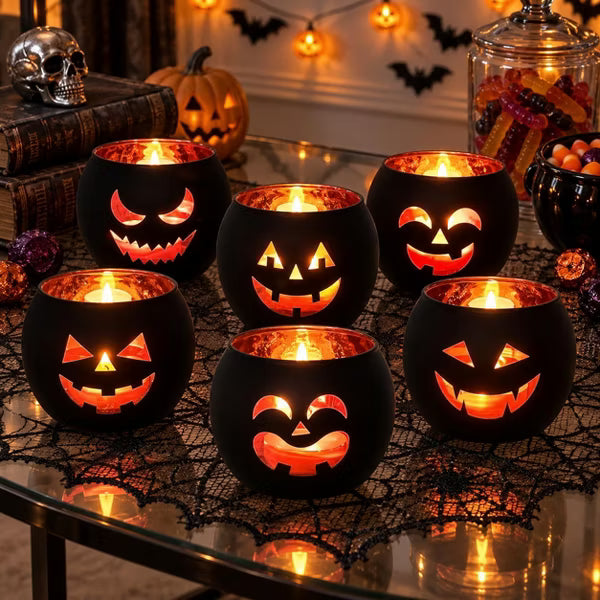 LauKingdom 2.7"x2.3" 6 Pcs Matte Black Halloween Jack O Lantern Glass Votive Candle Holders Decor for Mantel Coffee Table Party