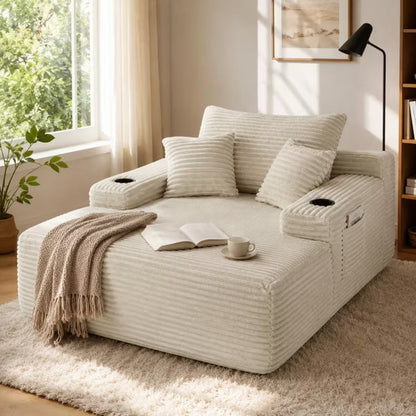 47" Corduroy Convertible Chaise Lounge Chair with Cup Holder, Plush Sleeper Sofa Bed with Pillows, No Assembly Required for Living Room Bedroom Dorm