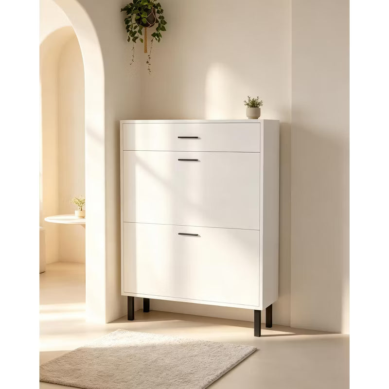 Narrow Wooden Entryway Shoe Cabinet, Freestanding 3-Drawer Shoe Organizer with Adjustable 3-Tier Shelves, Space Saving Shoe Storage for Hallway Porch