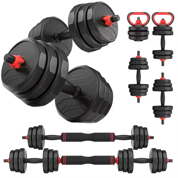 FED FITNESS 90LBS Adjustable Dumbbell Set, 5-in-1 Free Weight Set with Barbell Connector,Kettlebell,Push-Up Stand and Weight Plates for Home Gym