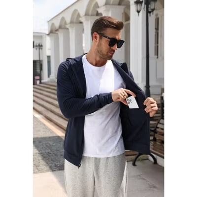 COOFANDY Men's Lightweight Hooded Jacket Zip Up Knit Cardigan Casual Layer for Travel-Heather Grey-S