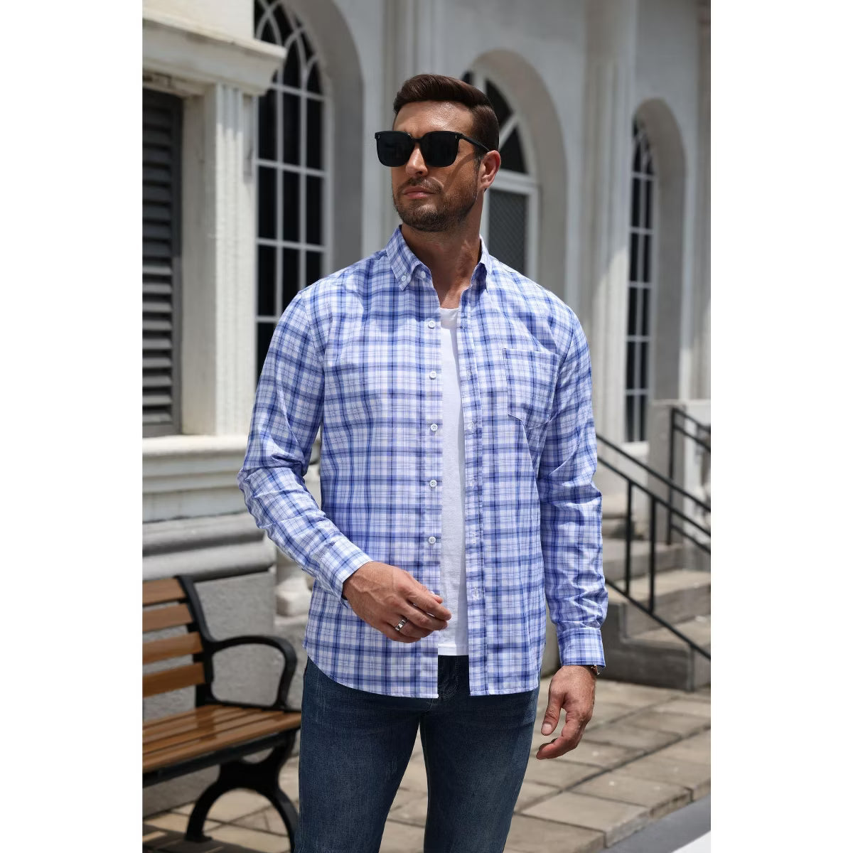 COOFANDY Men's Gingham Button Down Shirt Long Sleeve Dress Casual Shirt for Work and Weekend-GW393-S