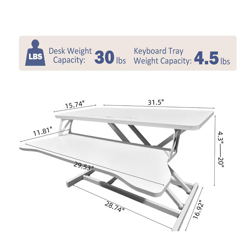 NIMO 32 Inch Desk Converter, Height Adjustable Sit to Stand Riser with Wide Keyboard Tray Computer Standing, White
