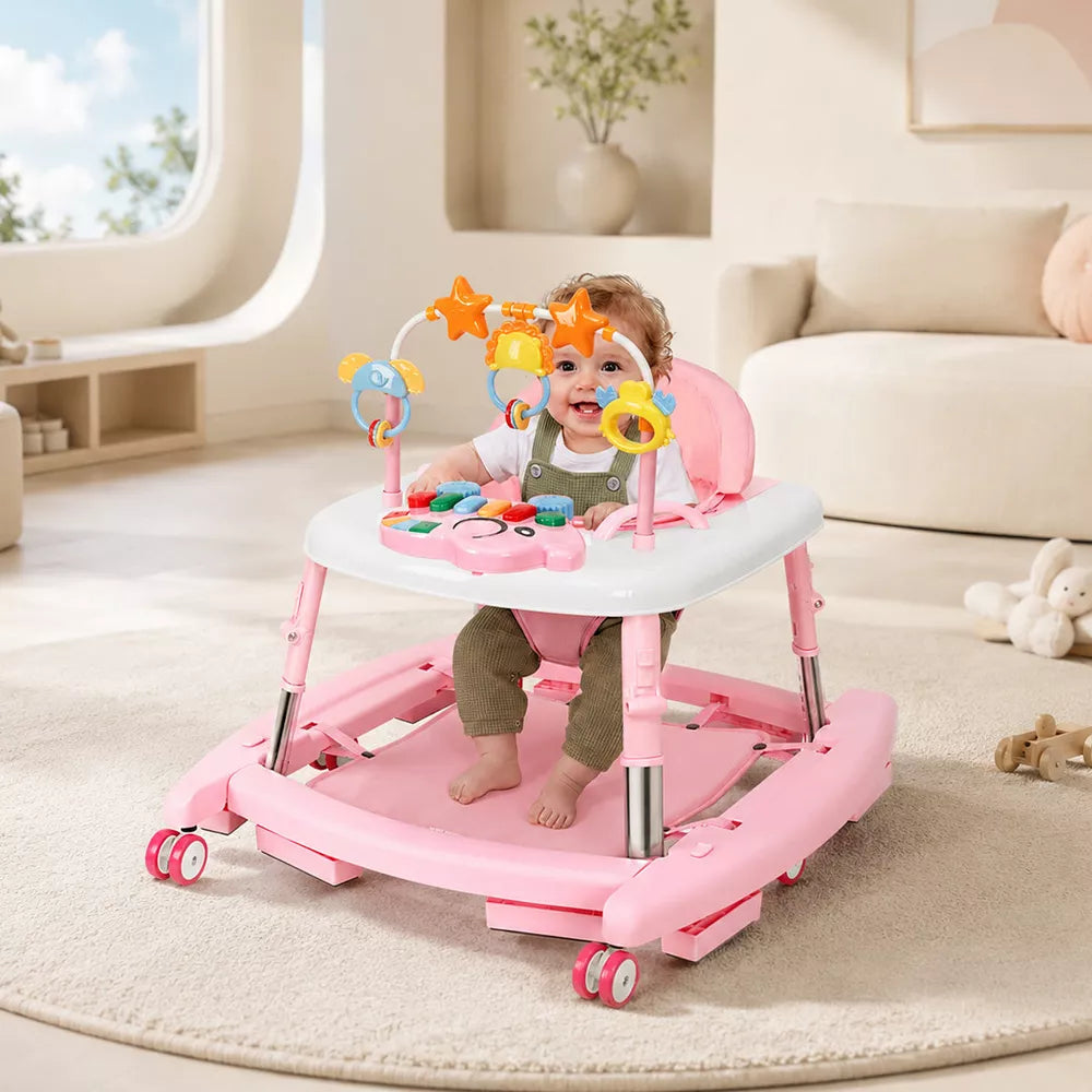 5-in-1 Baby Walker, Foldable Adjustable Activity Walker with Bouncer, Music, Toys, Feeding Tray for 6-18 Months