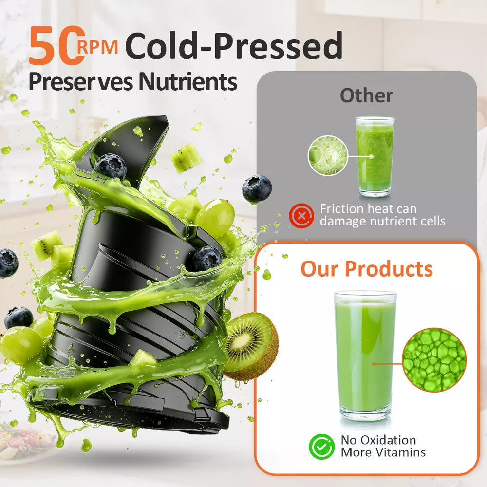 Cold Press Juicer Professional Slow Masticating Juicer for Whole Vegetables & Fruits with High Juice Yield Black