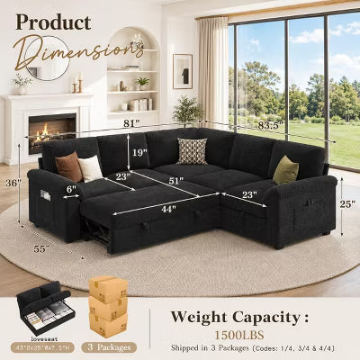 AMERLIFE 81" 5-Seat L-Shaped Sectional Sleeper Sofa with Pull-Out Bed and Storage, Black