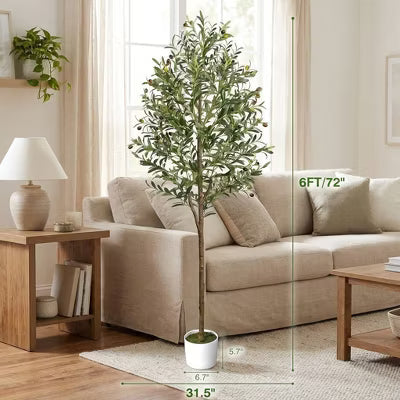 6FT Artificial Olive Tree Indoor Tall Faux with Planter&Basket Fake Olive Trees Realistic Olive Plants with Branches and Fruits for Home Decor