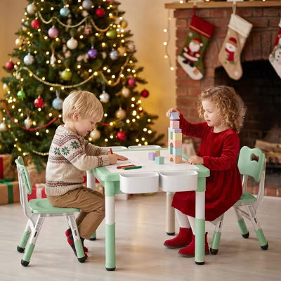 Kinder King 3-in-1 Kids Activity Table and 2 Chairs Set, Reversible Large-Size Building Block Table with Storage, Green