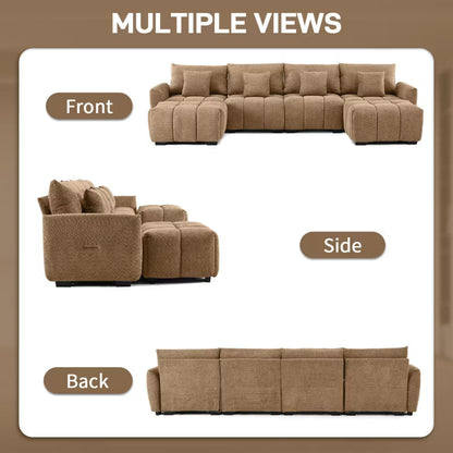 Karl Home |140 in.W Round Arm Boucle L-shaped American Tufed Sofa in Brown with Ottoman