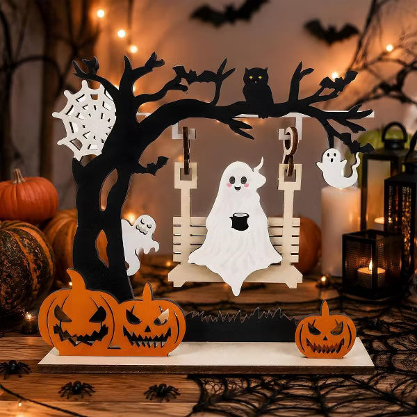 Halloween Ghost Pumpkin Wooden Table Decor Cute Ghost Pumpkin Centerpiece for Home Dining Table Office Shelf Party Decoration