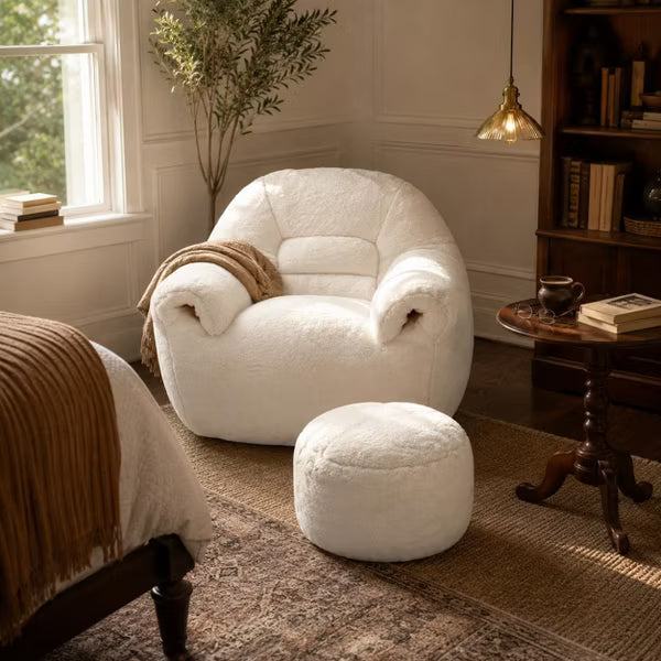 LauKingdom Cream White Bean Bag Chair with Ottoman for Living Room Bedroom Apartment Comfy Faux Fur Lounge Sofa