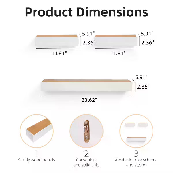 3-Piece Floating Wall Shelves, 23.62" Wood Set for Bedroom, Bathroom, Living Room, Kitchen, Hanging Storage for Books, Plants & Decor, Tan+White
