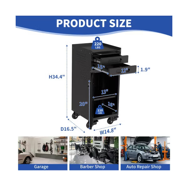 VIYET 34" Narrow Rolling Tool Cabinet with Lockable Door & 2 Drawers, Slim Metal Storage Organizer on Wheels