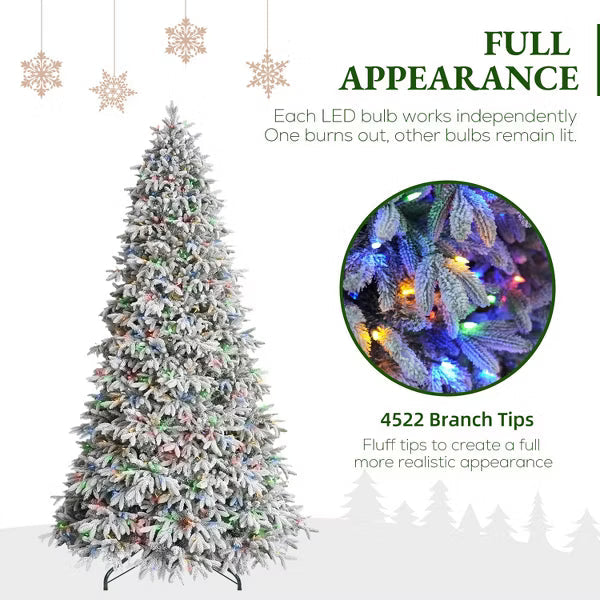 VIVATREES 9ft Pre-lit Christmas Tree Snow-Flocked Premium Artificial Hinged Branch Tips Dual-Color 10 Lighting Modes Foldable Base for Holiday
