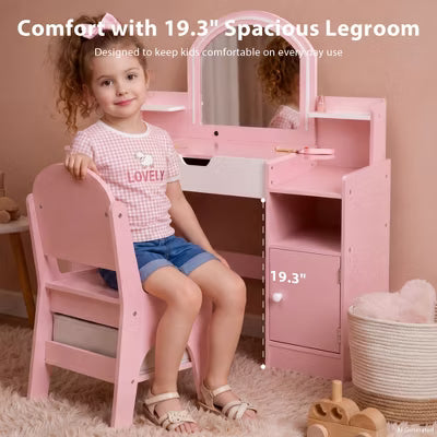 Kinder King Kids Vanity Table and Chair Set with LED Lighted Mirror, Pink Makeup Desk with Drawer and Shelves