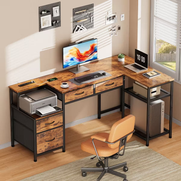 Qwatto 57" Brown Computer Desk with 4 Drawers and Charging Station Gaming Desk with Printer Shelf and File Cabinet Home Office Study Writing Table
