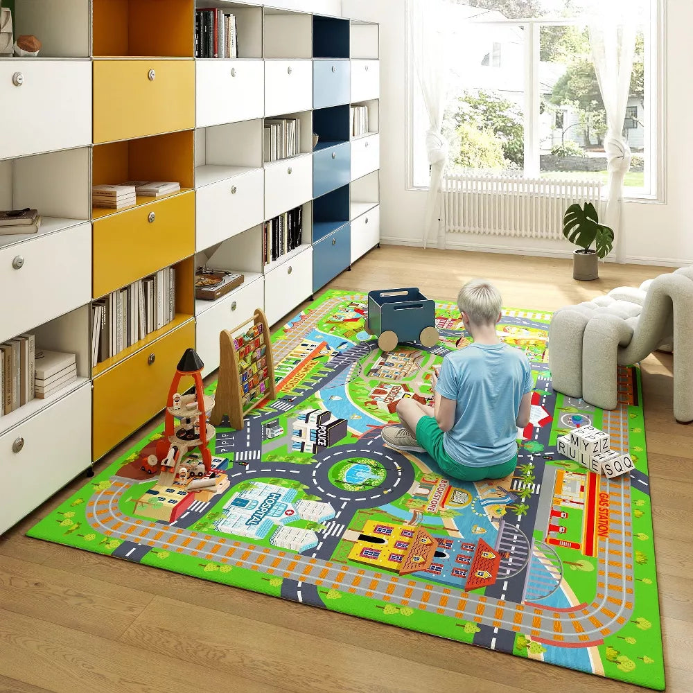 LOVEVOOK Car Rug Play Mat for Kids Toy Cars, Playmat for Kid Bedroom, Non-Slip Machine Washable Town City Race Track Carpet 4x5 Feet