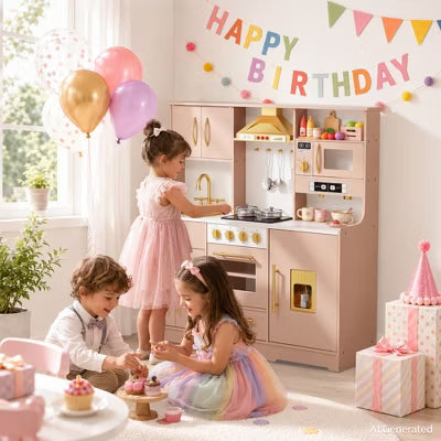 Kinder King Wooden Kids Play Kitchen, Toy Kitchen Playset for Toddlers, Realistic Kitchen Set with Sounds, Gift for Boys and Girls Age 3+, Bush Pink