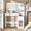Qwatto Modern White Makeup Vanity Desk with LED Lighted Mirror Charging Station 2 Outlets USB Type C 2 Drawers 3Shelves Acrylic Cabinet Bedroom Vanity