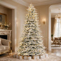 VIVATREES 12ft Prelit Snow-Flocked Christmas Tree Artificial with Warm White LEDs Lights Metal Stand Hinged Branches Realistic Holiday Pine