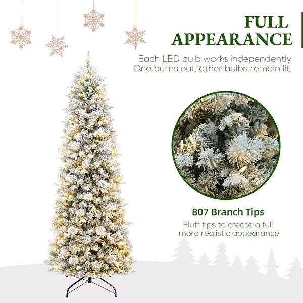 VIVATREES 7.5ft Pre-lit Flocked Christmas Tree Slim Artificial Hinged Mixed PVC PE Branch Tips Pine Needles Warm White LED Lights Foldable Base