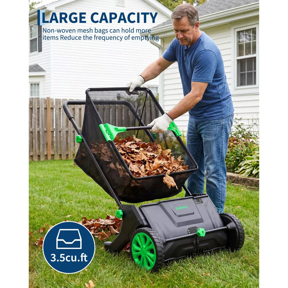 Manual Push Lawn Sweeper Leaf Collector, 26‑Inch Sweeping Width, 3.5 Cu Ft Collection Bag, Steel Frame with Rubber Wheels for Leaves and Pine Cones