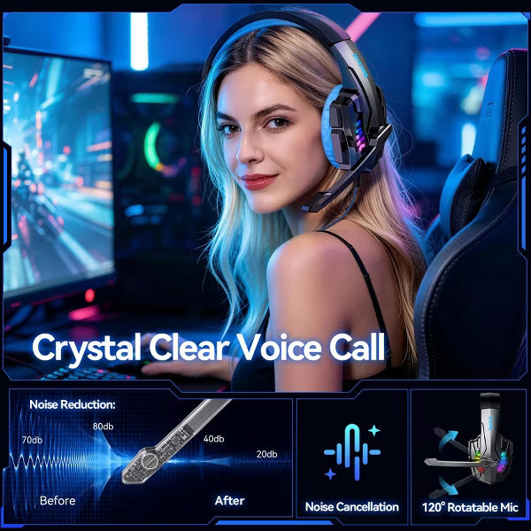 Gaming Headset with Microphone, Compatible with PS4 PS5 Xbox One PC Laptop, Over-Ear Headphones with LED Light, Noise Canceling Mic