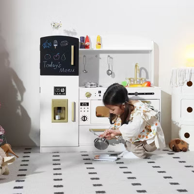 Kinder King Wooden Play Kitchen Set for Kids with Ice Maker, Sink, Microwave, Dishwasher & Accessories – Role Play Toy for Toddlers Ages 3+, White