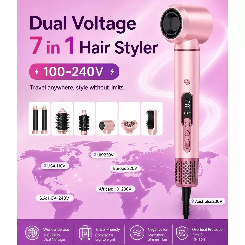 Dual Voltage Hair Dryer Brush for Travel, 7 in 1 Hair Tools Pink