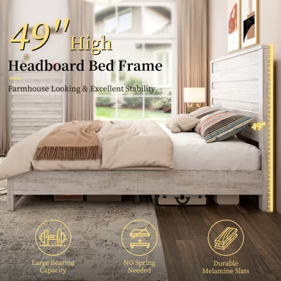 AMERLIFE Farmhouse King Bed Frame with 49" Tall Headboard, Wooden Platform Beds, Distressed White