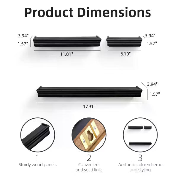 3-Piece Floating Wall Shelves, 17.91" Wood Set for Bedroom, Bathroom, Living Room, Kitchen, Hanging Storage for Books, Plants & Decor, Black