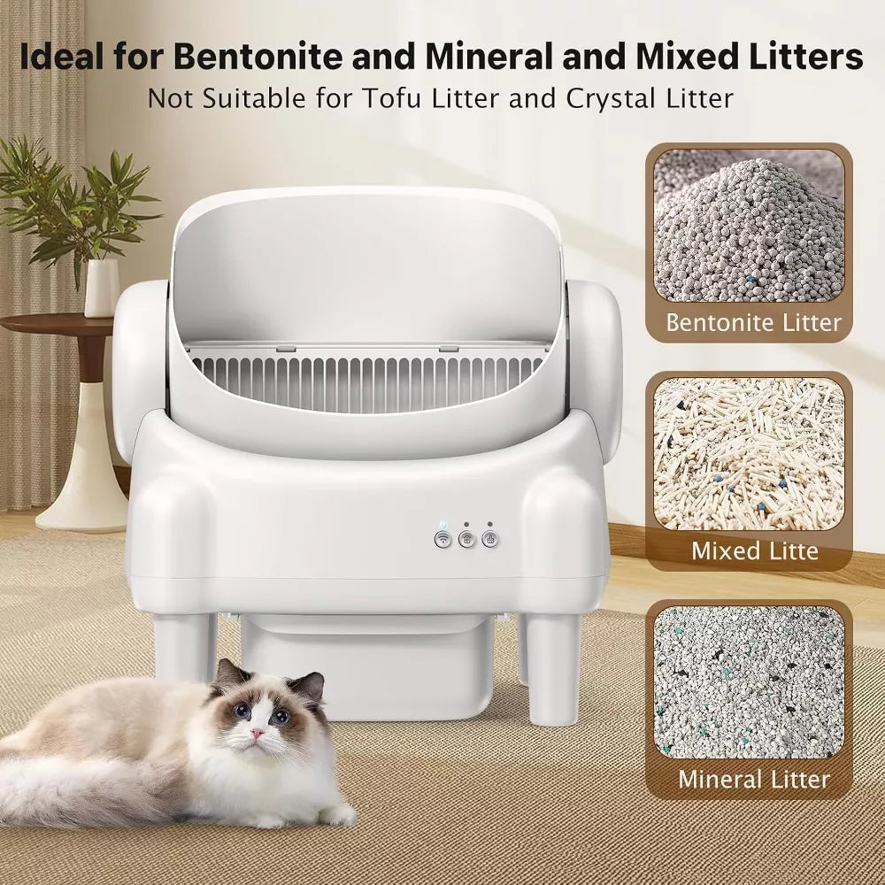 Cumrige open-Top Self-Cleaning Litter Box with App Control and Safety Sensors, Odor Control, Cream White
