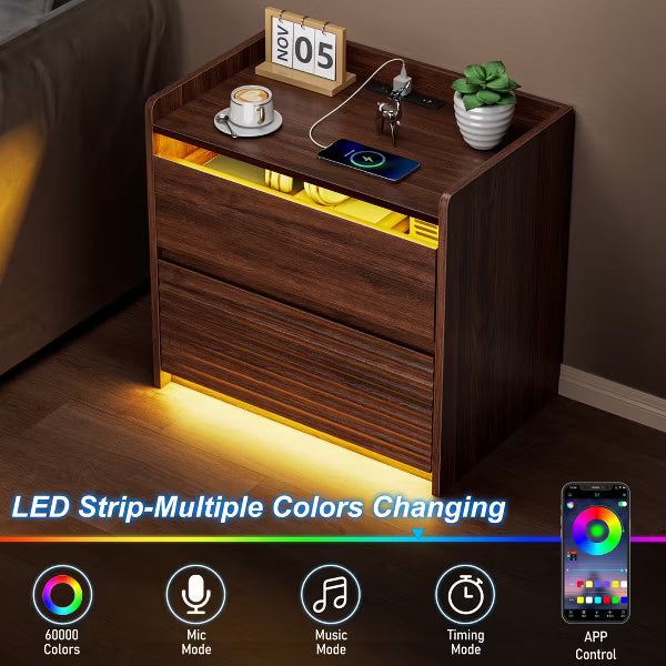 Qwatto Fluted Bedside Nightstand with Charging Station LED Light 2 Drawer Storage Cabinet Walnut Modern Side Table Bedroom Storage Cabinet