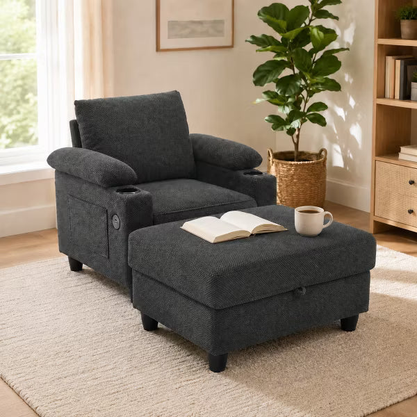 LauKingdom Charcoal Gray 2-Piece Accent Chair and Storage Ottoman Set, Push Back Recliner with USB Ports for Apartment Living Room Dorm