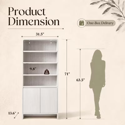 AMERLIFE 71" Modern Bookcase with Storage Cabinet, 6-Tier Adjustable Shelves, White