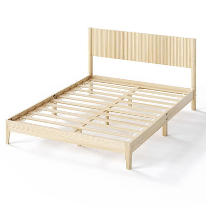 Karl Home Solid Wood Full Bed Frame Platform Bedframe with Headboard Grille Style
