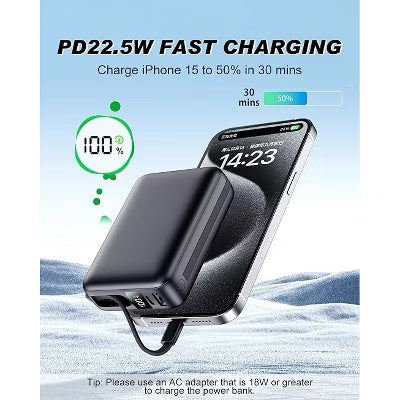 10,000mAh power bank supporting 1.5-hour fast charging; suitable for home backup, outdoor emergencies, and camping.