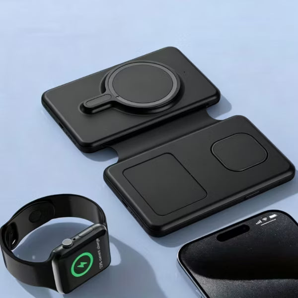 G910 Foldable 3-in-1 Wireless Charging Station, 15W Fast Charger for Phone Watch Earbuds, Compact Travel Design, Heat Safe,Black