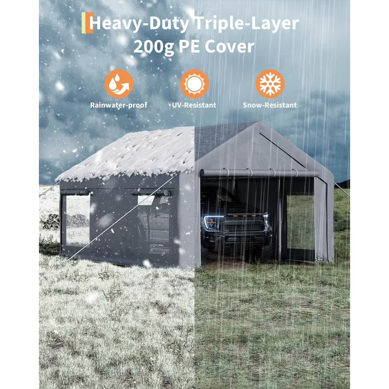 12x20 ft Portable Heavy Duty Carport Garage, 200g PE Canopy with Roll-Up Doors & Windows, Outdoor Storage Shelter for Vehicles & Events