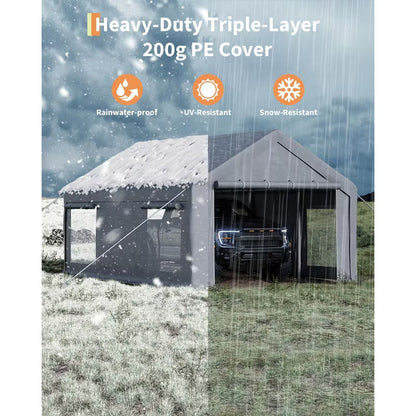 12x20 ft Portable Heavy Duty Carport Garage, 200g PE Canopy with Roll-Up Doors & Windows, Outdoor Storage Shelter for Vehicles & Events